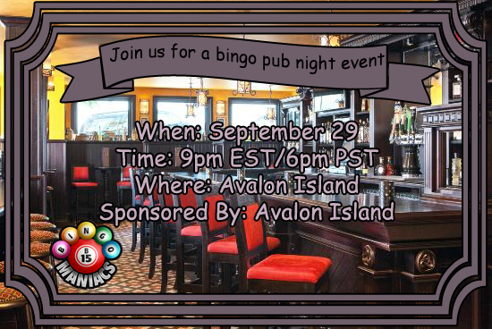 Avalon Pub Bingo Sep 29